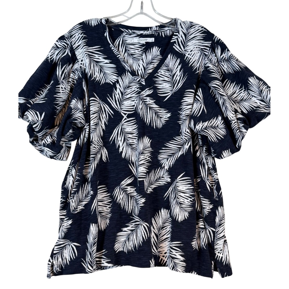 Chicos Palm Leaf Print Puff Sleeve V-Neck Top Navy White "Chicos Size 4" Coastal